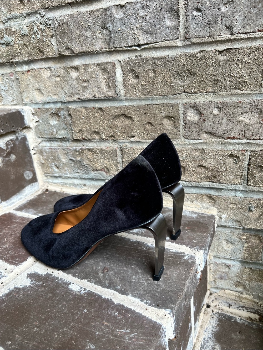 Robert Clergerie Black Velvet Pumps with Sculptural Metallic Heels